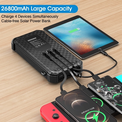 Carregador posto solar portátil impermeável 26800mAh do banco do poder IPX5 com 3 cabos incorporados