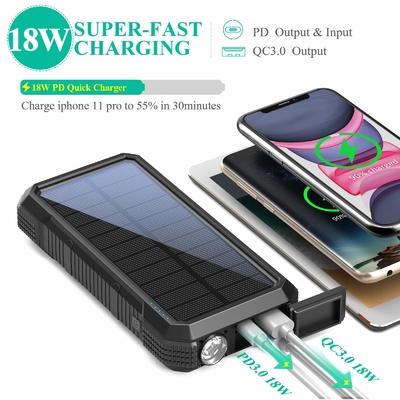 Carregador posto solar sem fio portátil 18W QC3.0 do banco do poder com 4 saídas