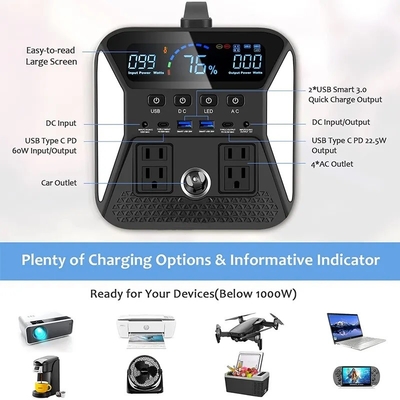 220V fora da rede gerador de energia solar portátil Lifepo4 bateria 1000W